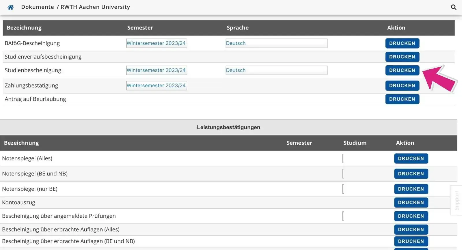 RWTH Online Dokumente Seite