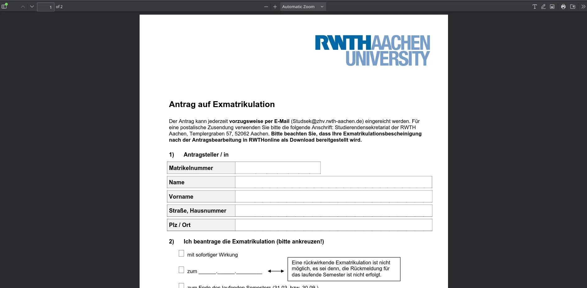 Exmatrikulationsbescheinigung PDF View